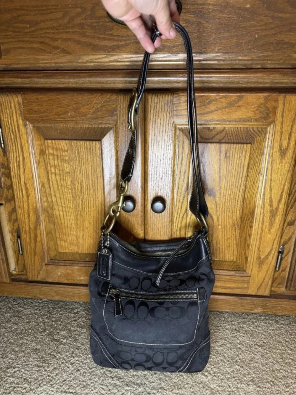 VTG COACH Black Signature Canvas Crossbody Bag Big Buckle Leather Strap Hangtag